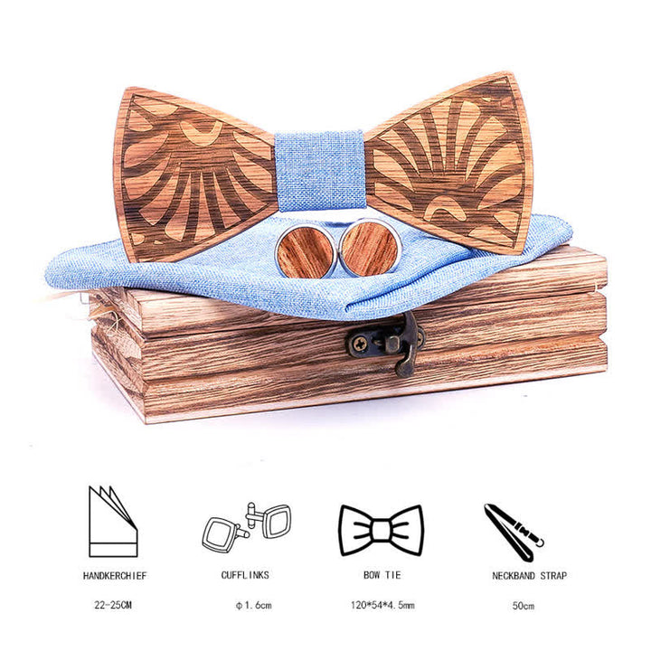 3Pcs Men's Dandelion Carved Solid Wooden Bow Tie Set