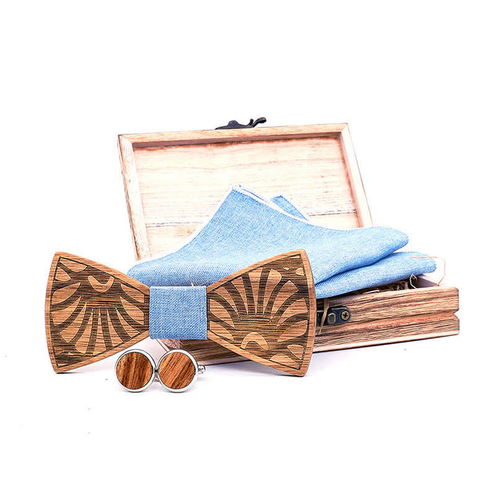 3Pcs Men's Dandelion Carved Solid Wooden Bow Tie Set