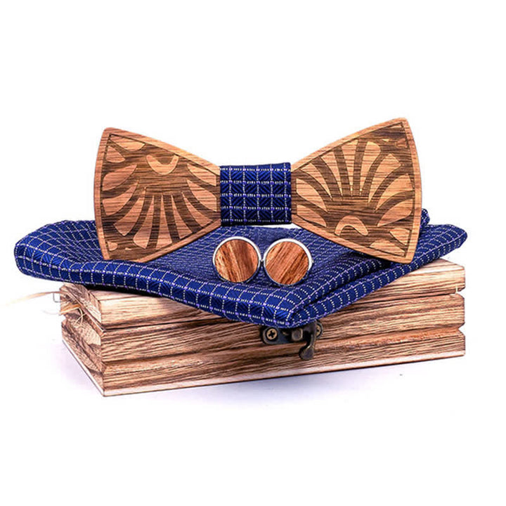 3Pcs Men's Dandelion Carved Solid Wooden Bow Tie Set