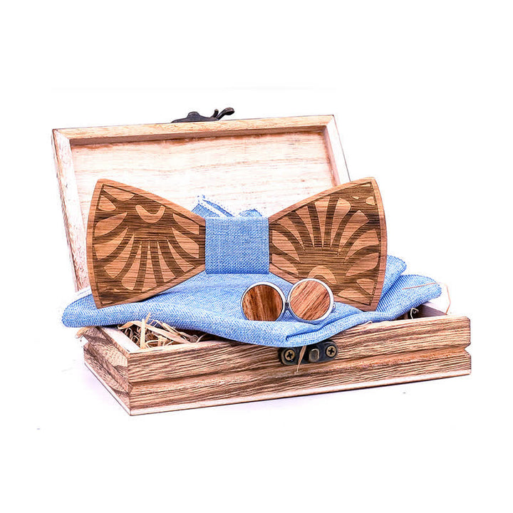 3Pcs Men's Dandelion Carved Solid Wooden Bow Tie Set