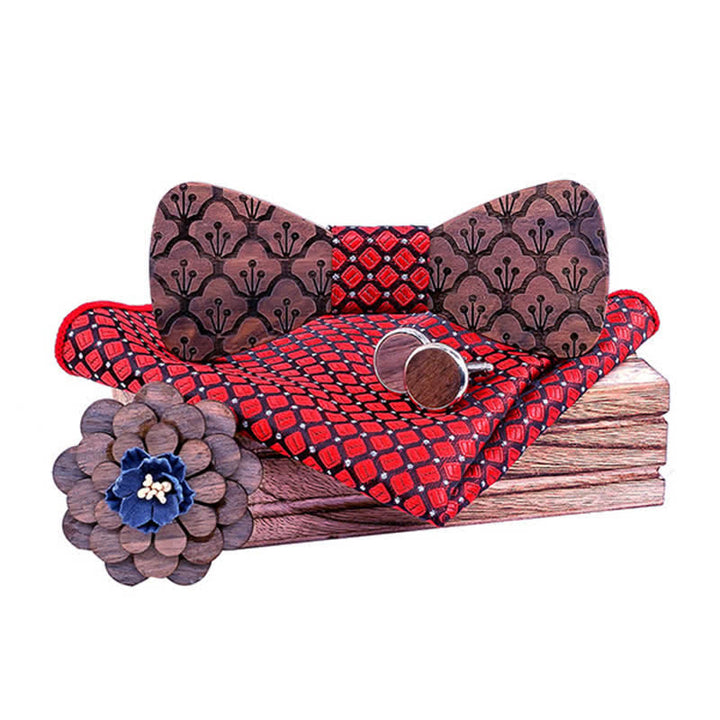 4Pcs Men's Fancy Carving Flower Solid Wooden Bow Tie Set