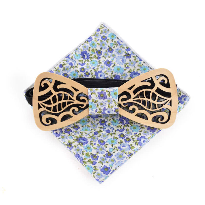 2Pcs Men's Openwork Carved Leaves Wooden Bow Tie Set