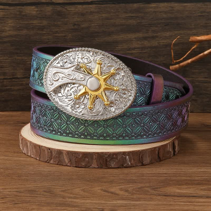 Fantastic Gradient Iridescent Strap Western Buckle Leather Belt