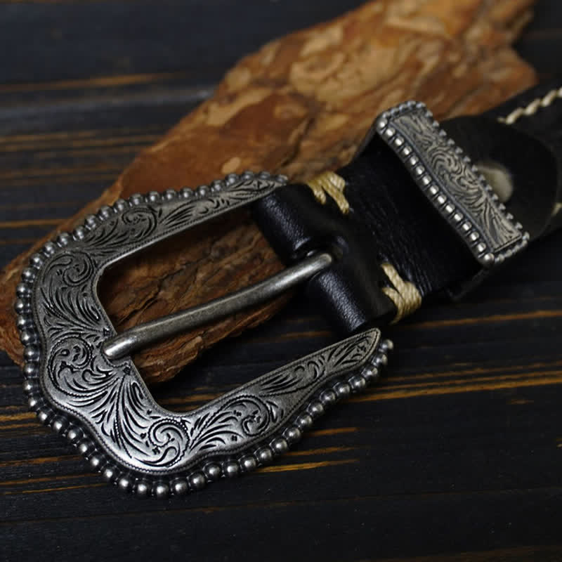 Retro Flower Carved Buckle Sewing Details Leather Belt