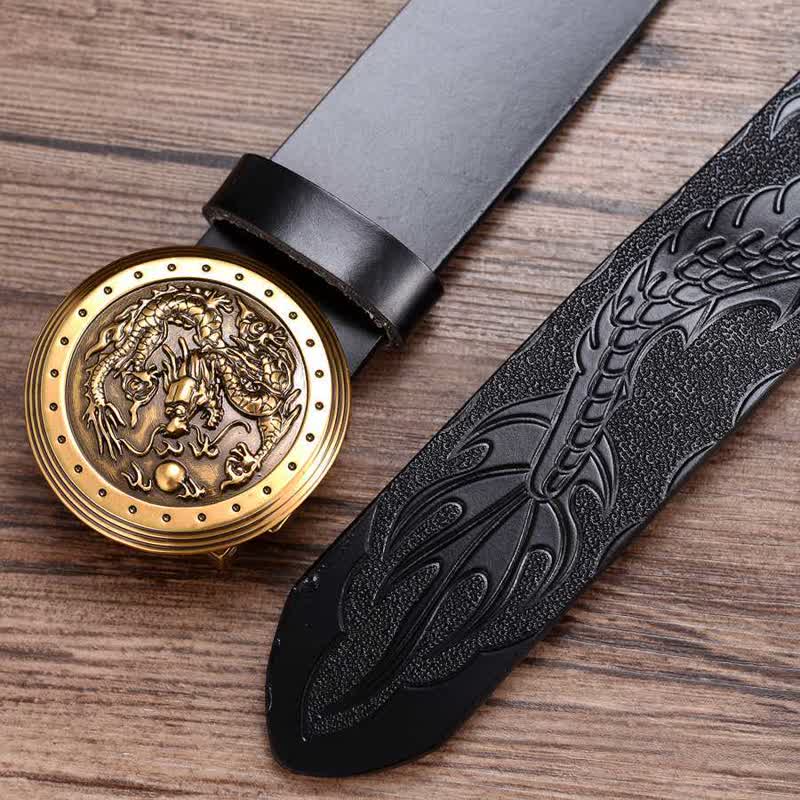 Men's Dragon Prints Round Automatic Buckle Leather Belt