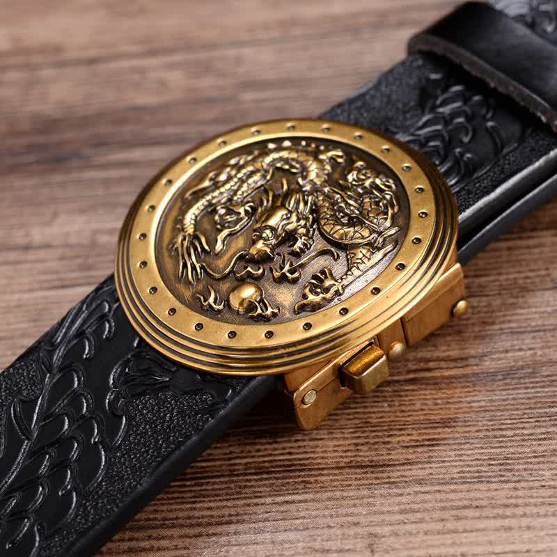 Men's Dragon Prints Round Automatic Buckle Leather Belt