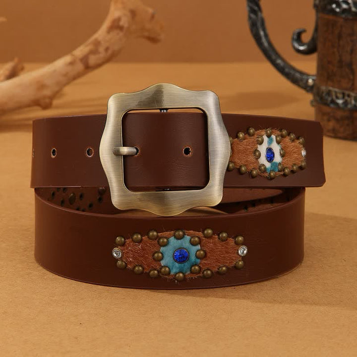 Women's Chocolate Spliced Animal Print Rivets Leather Belt