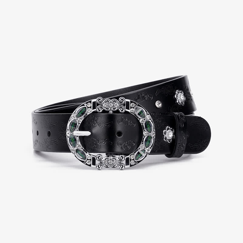 Women's Floral White & Dark Green Rhinestones Leather Belt