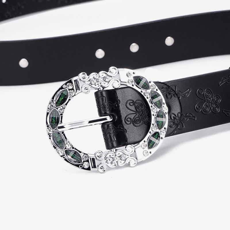 Women's Floral White & Dark Green Rhinestones Leather Belt