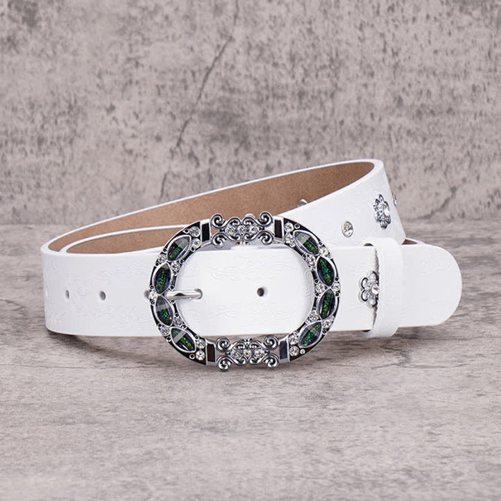 Women's Floral White & Dark Green Rhinestones Leather Belt