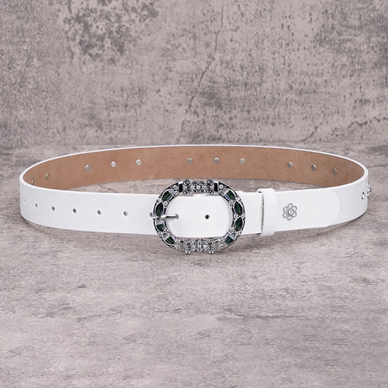 Women's Floral White & Dark Green Rhinestones Leather Belt