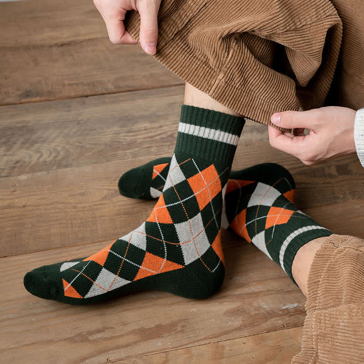 Diamond Checked British Style Cotton Crew Socks