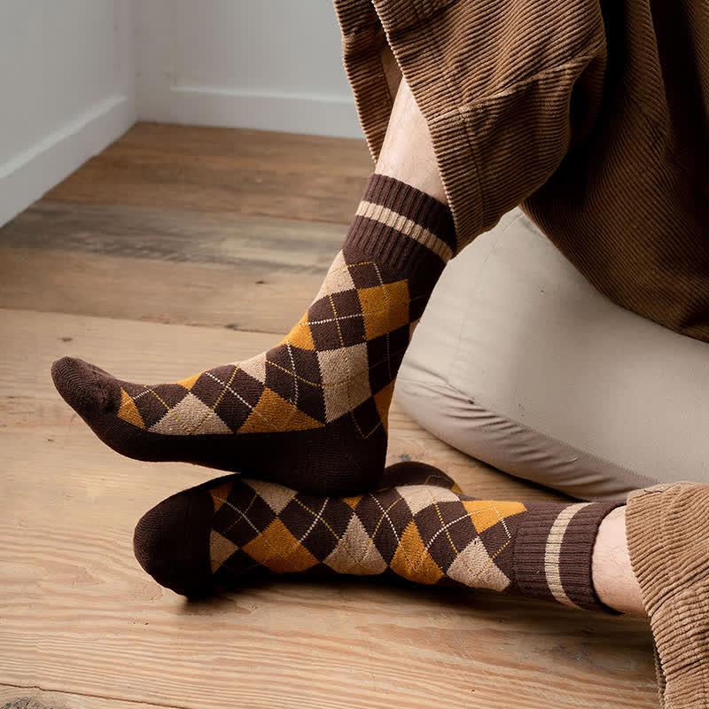 Diamond Checked British Style Cotton Crew Socks