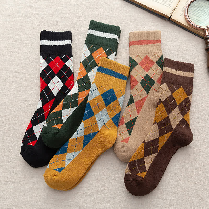 Diamond Checked British Style Cotton Crew Socks