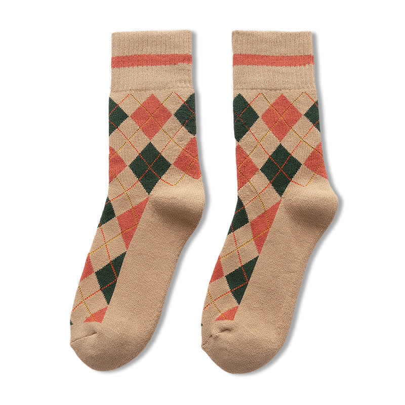 Diamond Checked British Style Cotton Crew Socks