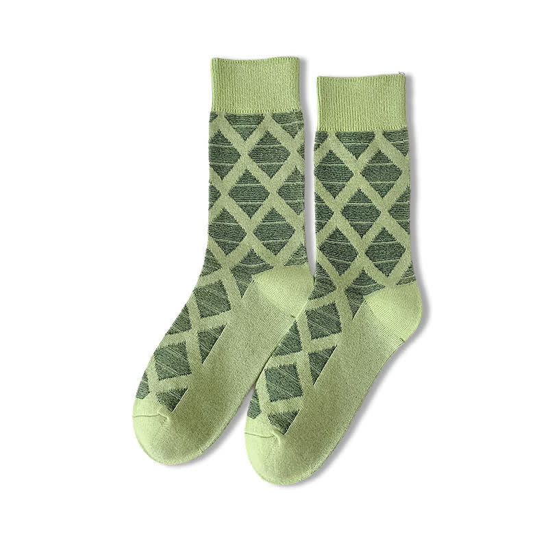 Diamond Pattern Fashion Plaid Knitting Cotton Crew Socks