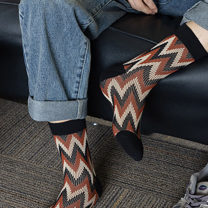 Funky Retro Zigzag Pattern Cotton Crew Socks