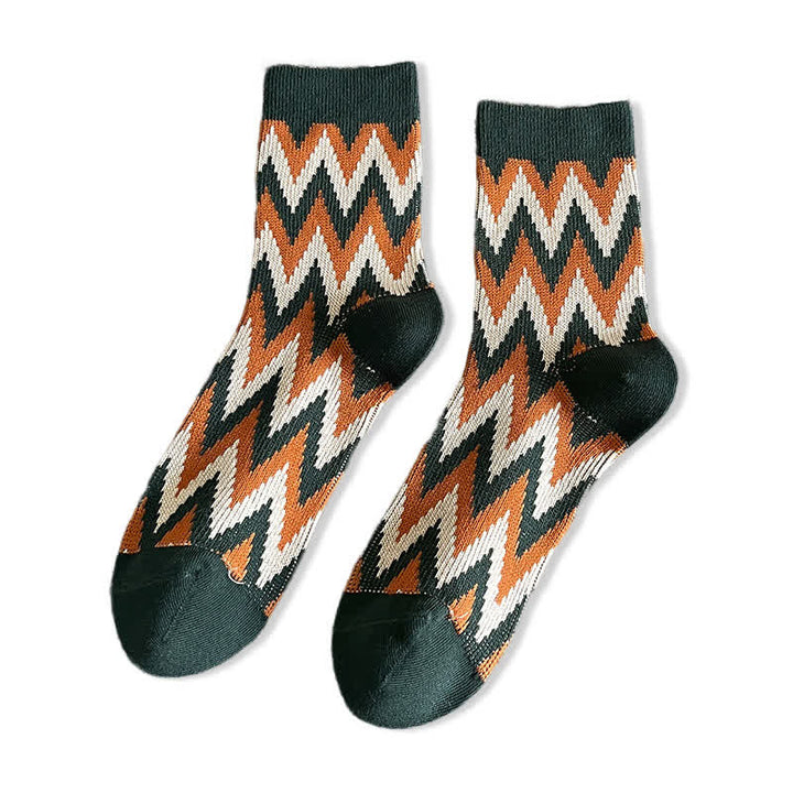 Funky Retro Zigzag Pattern Cotton Crew Socks