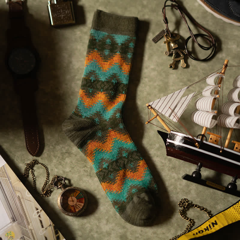 Bright Tribal Wave Pattern Cotton Crew Socks