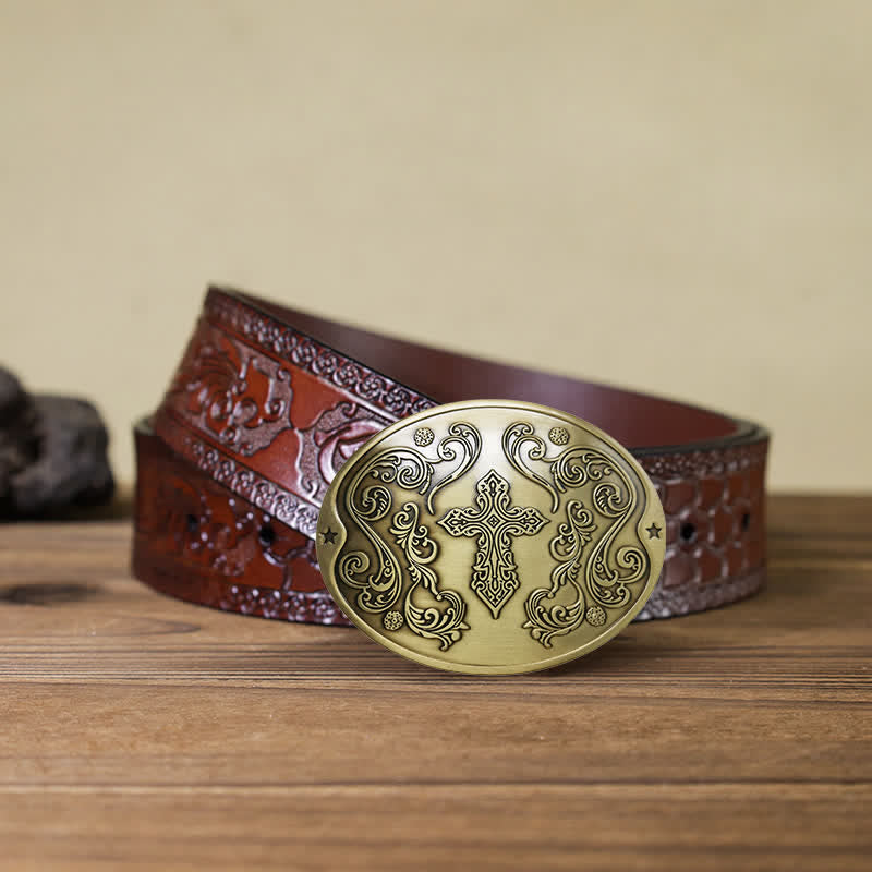 Men's DIY Cross Carving Creative Beer Holder Buckle Leather Belt