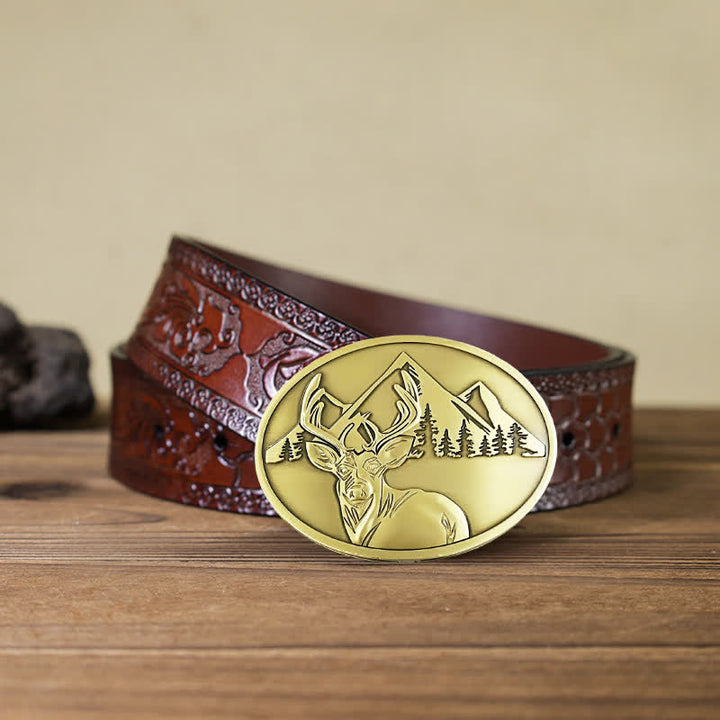 Men's DIY Carved Deer Creative Beer Holder Buckle Leather Belt