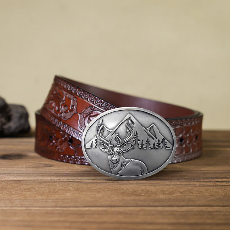 Men's DIY Carved Deer Creative Beer Holder Buckle Leather Belt