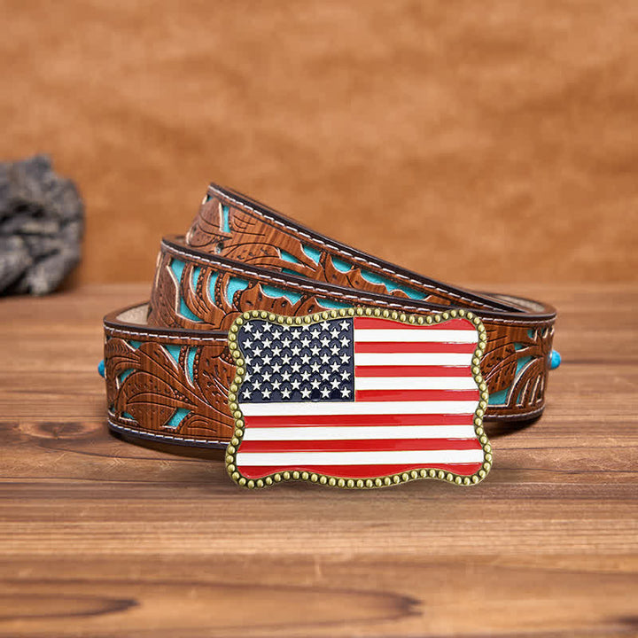 Men's DIY Creative American Flag Card Wallet Buckle Leather Belt