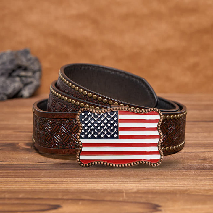 Men's DIY Creative American Flag Card Wallet Buckle Leather Belt