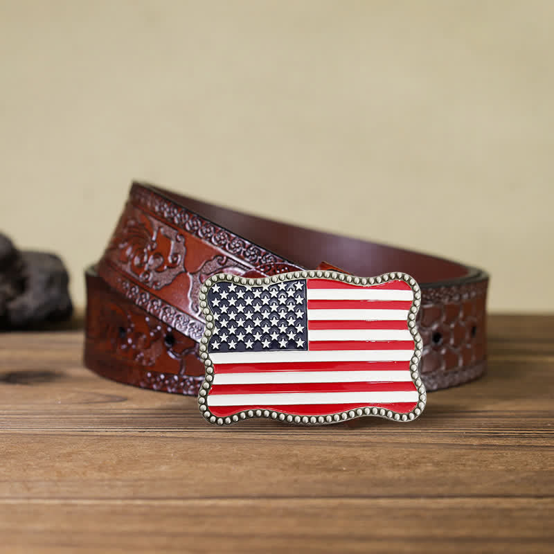 Men's DIY Creative American Flag Card Wallet Buckle Leather Belt