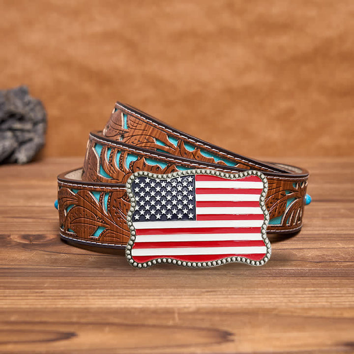 Men's DIY Creative American Flag Card Wallet Buckle Leather Belt