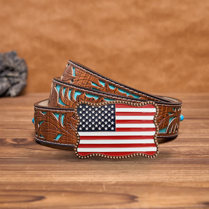 Men's DIY Creative American Flag Card Wallet Buckle Leather Belt