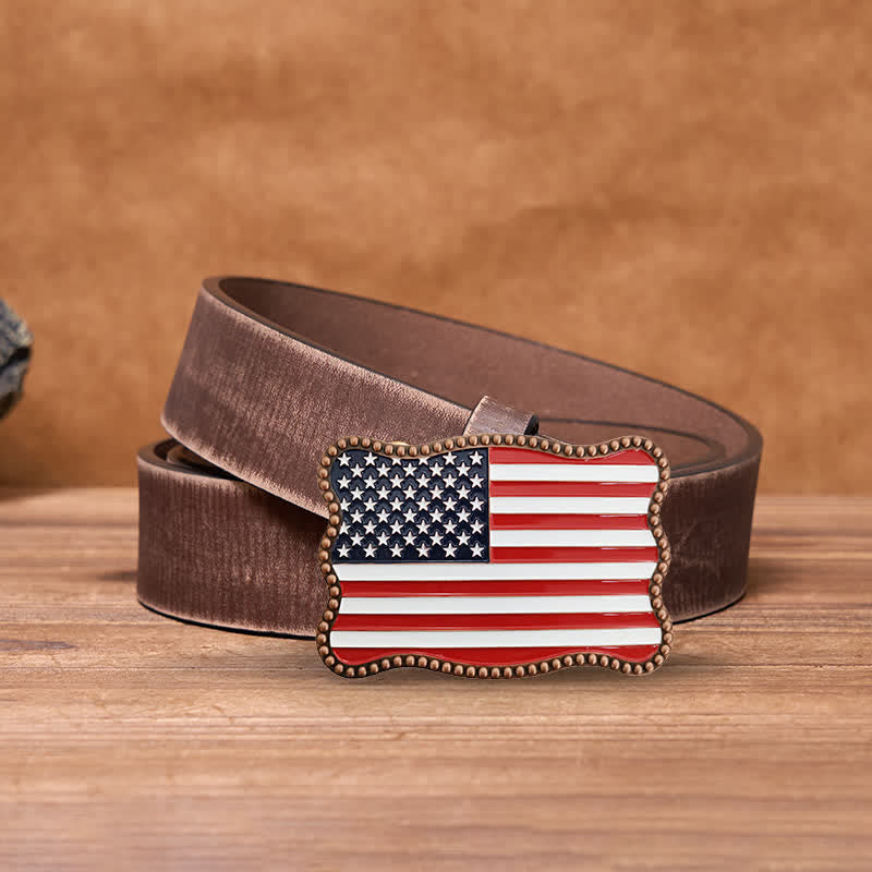 Men's DIY Creative American Flag Card Wallet Buckle Leather Belt