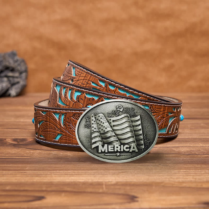 Men's DIY Native American Flag Texas Style Buckle Leather Belt