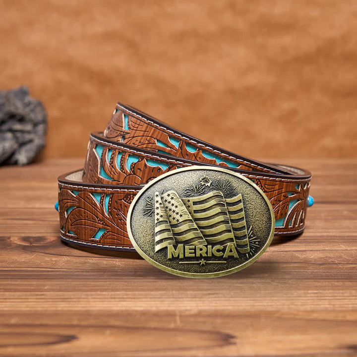 Men's DIY Native American Flag Texas Style Buckle Leather Belt