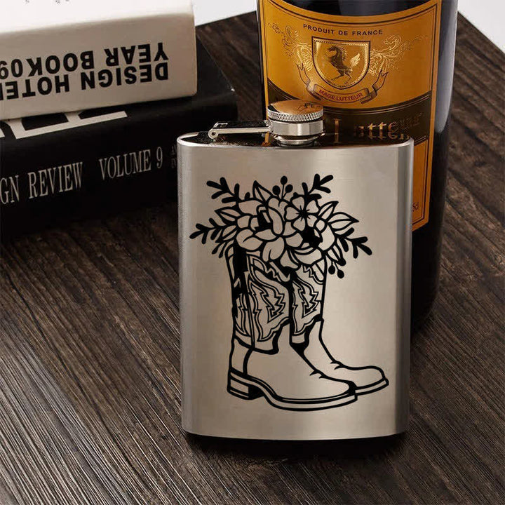 2-10 oz Boots With Flowers Laser Pattern Stainless Steel Portable Flask