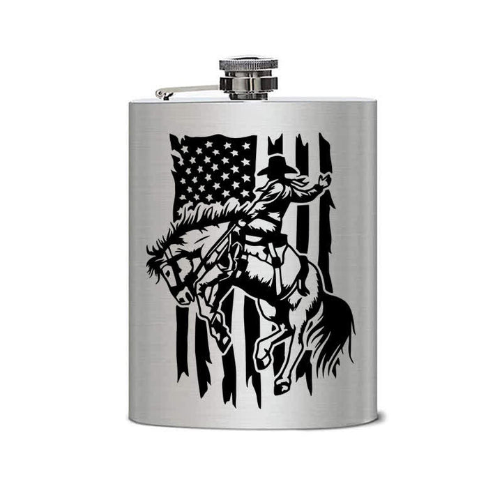 2-10 oz Riding Horse USA Flag Laser Pattern Stainless Steel Portable Flask