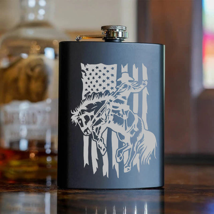 2-10 oz Riding Horse USA Flag Laser Pattern Stainless Steel Portable Flask