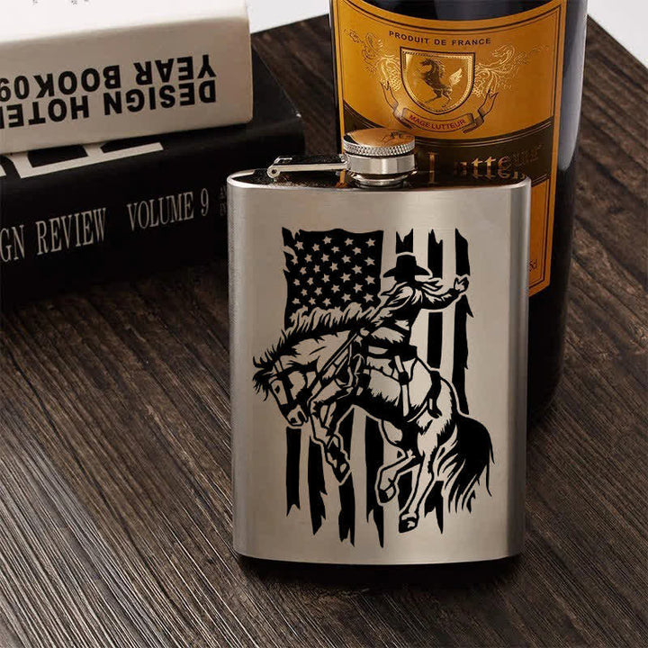 2-10 oz Riding Horse USA Flag Laser Pattern Stainless Steel Portable Flask