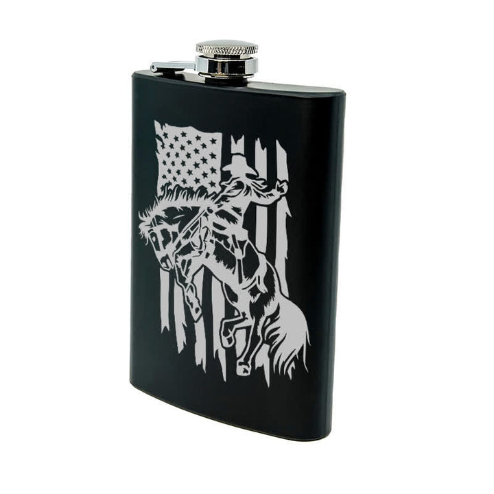 2-10 oz Riding Horse USA Flag Laser Pattern Stainless Steel Portable Flask