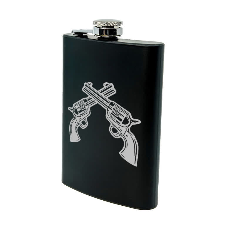 2-10 oz Crossed Pistols Laser Pattern Stainless Steel Portable Flask