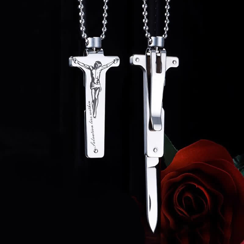 Mini Creative Jesus Holy Cross Pendant Folding Knife Necklace - image 4