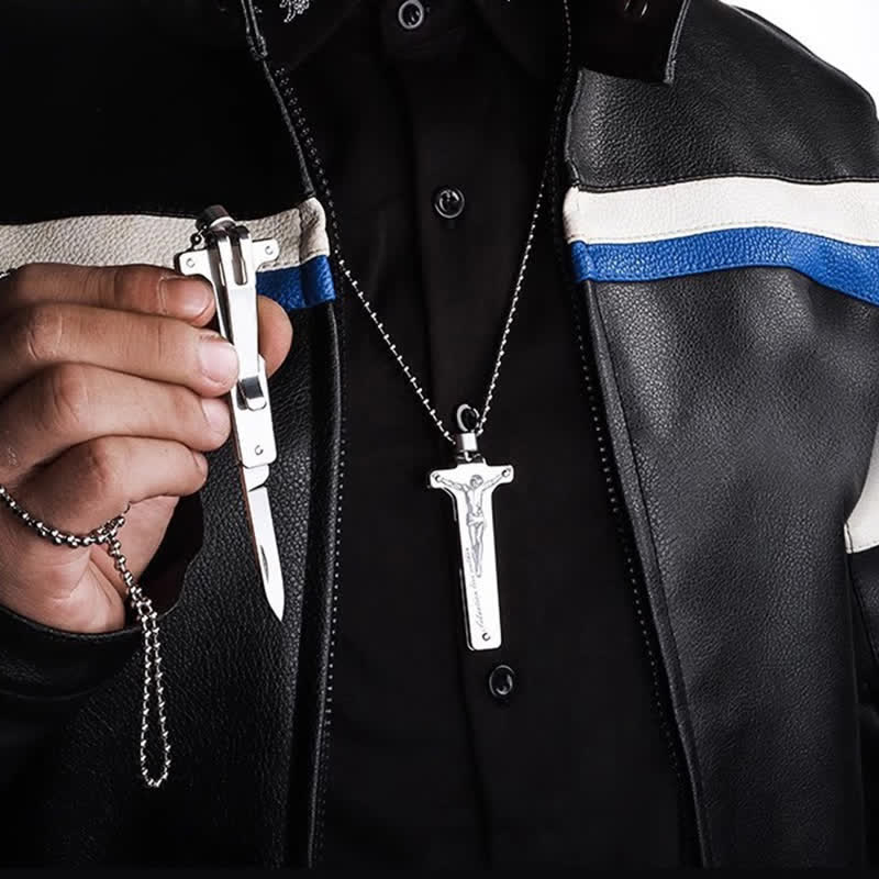 Mini Creative Jesus Holy Cross Pendant Folding Knife Necklace - image 2
