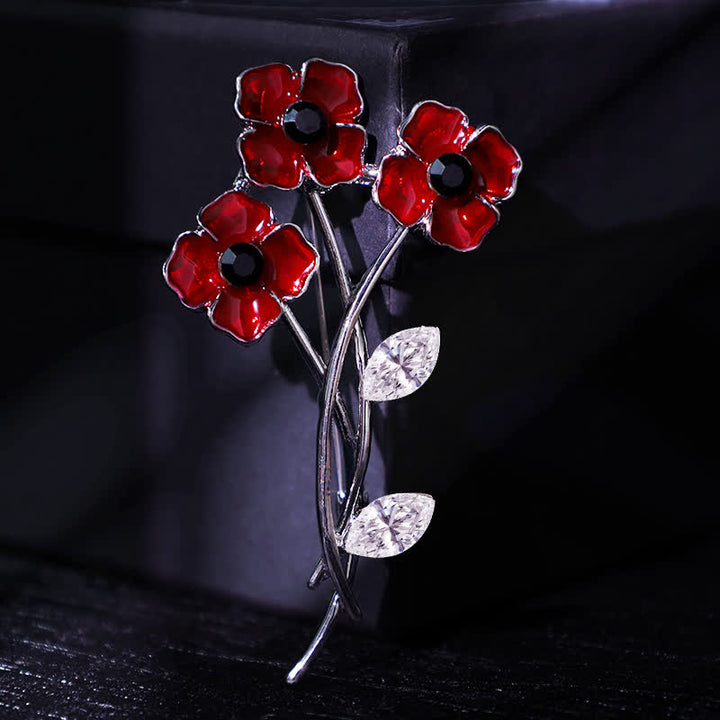 Unisex Red Poppy Bouquet Posy Stem Brooch