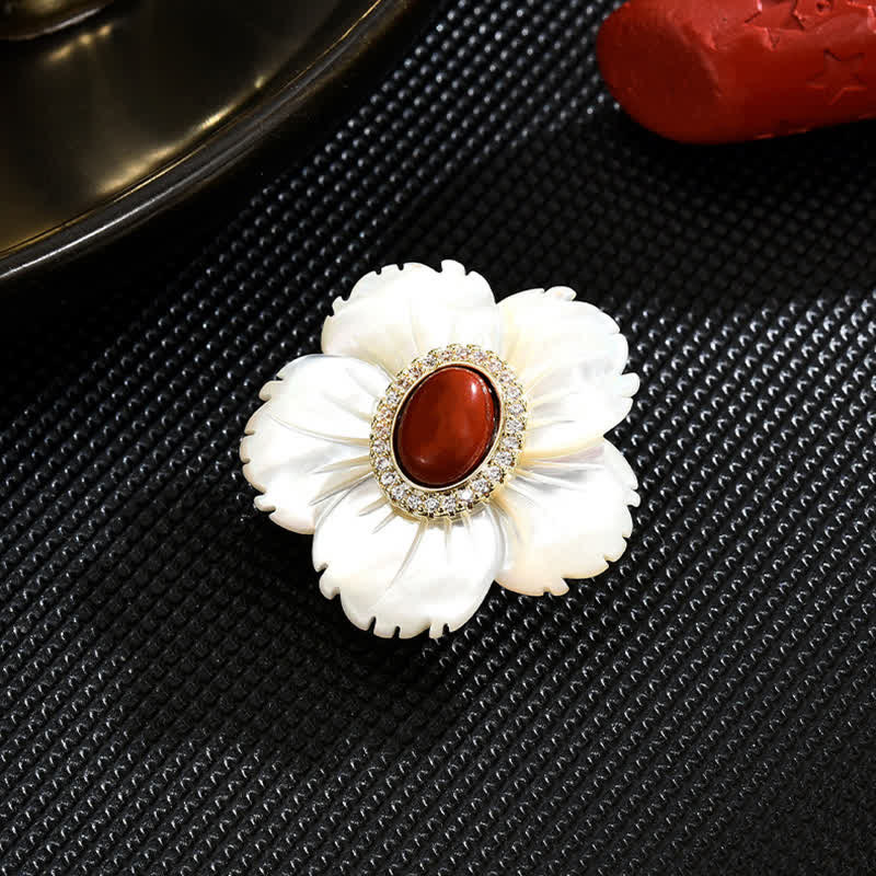 Women's White Natural Shell Flower Red Agate Brooch