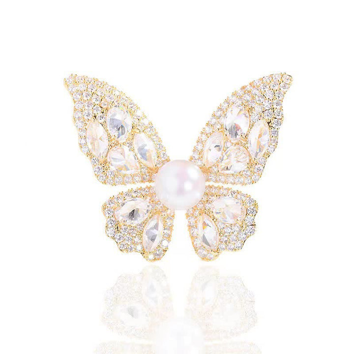 Women's Sparkling Zircon Pearl Butterfly Brooch