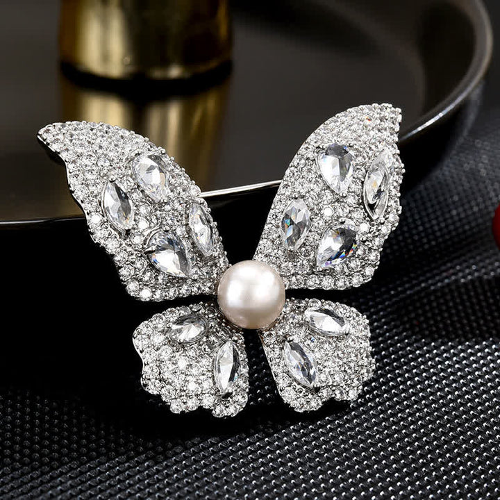 Women's Sparkling Zircon Pearl Butterfly Brooch