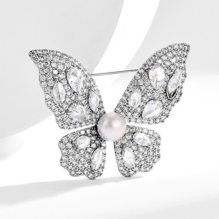 Women's Sparkling Zircon Pearl Butterfly Brooch