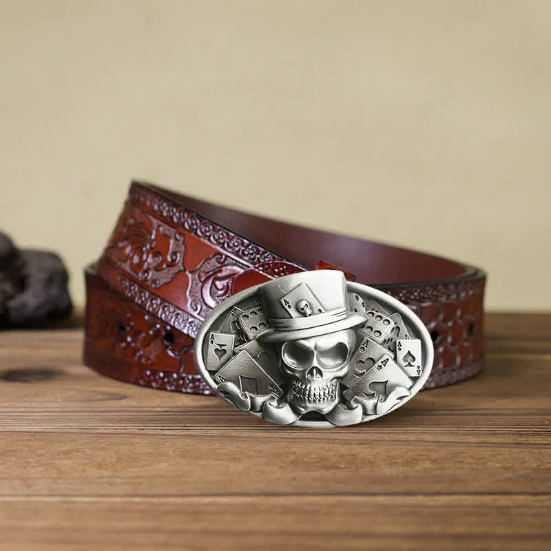 Men's DIY Skull Poker Dice Oval Buckle Leather Belt