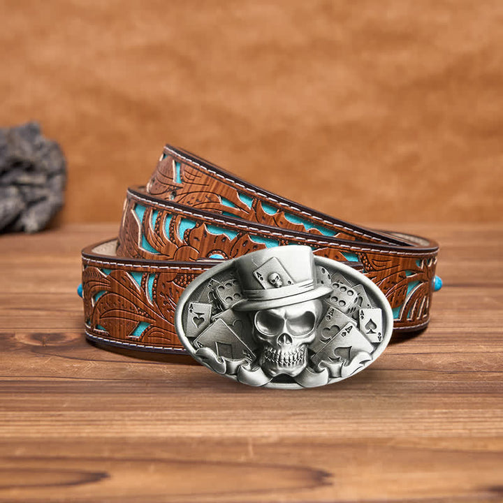 Men's DIY Skull Poker Dice Oval Buckle Leather Belt