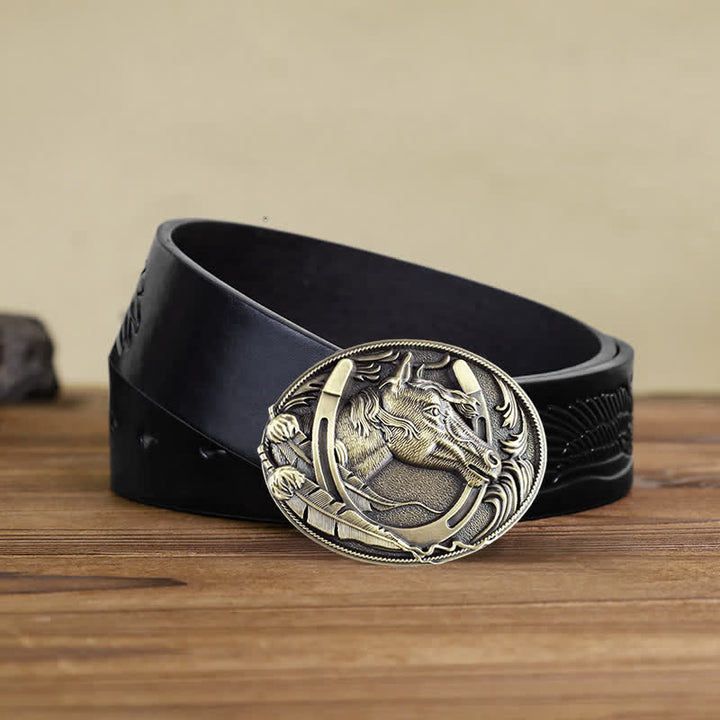 Men's DIY Bronze Horse Horseshoe Buckle Leather Belt